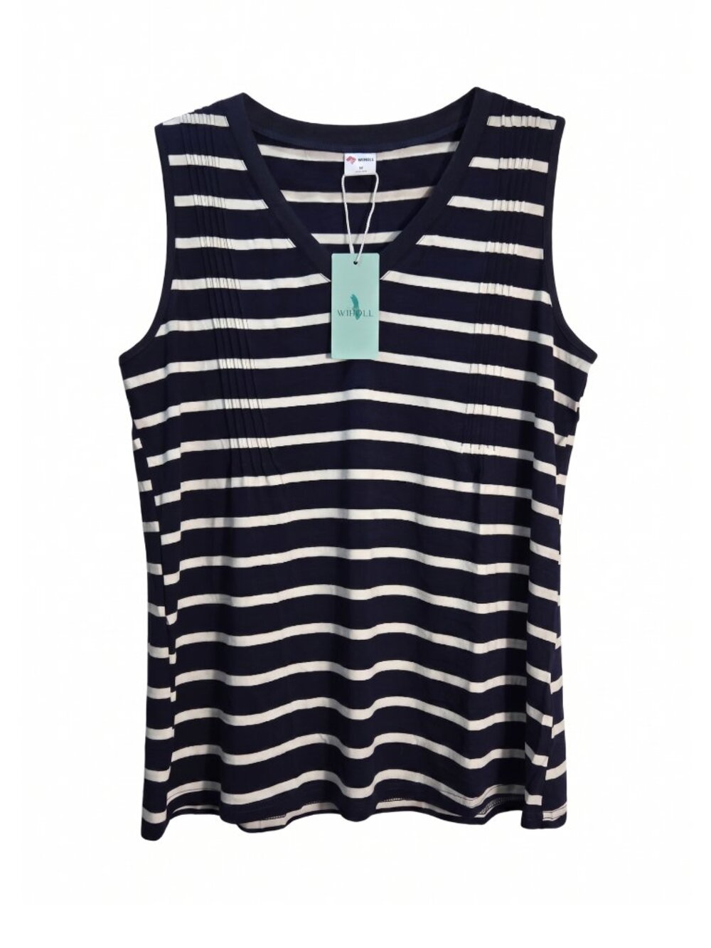 NWT | WIHOLL Navy Blue White Striped Pleated Shoulder V-Neck Sleeveless Tank Top